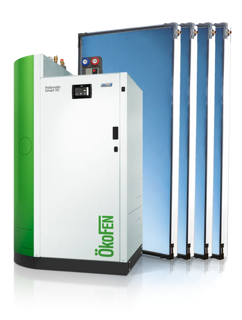 Chaudière Pellematic Smart XS blanche avec 4 capteurs solaires bleus