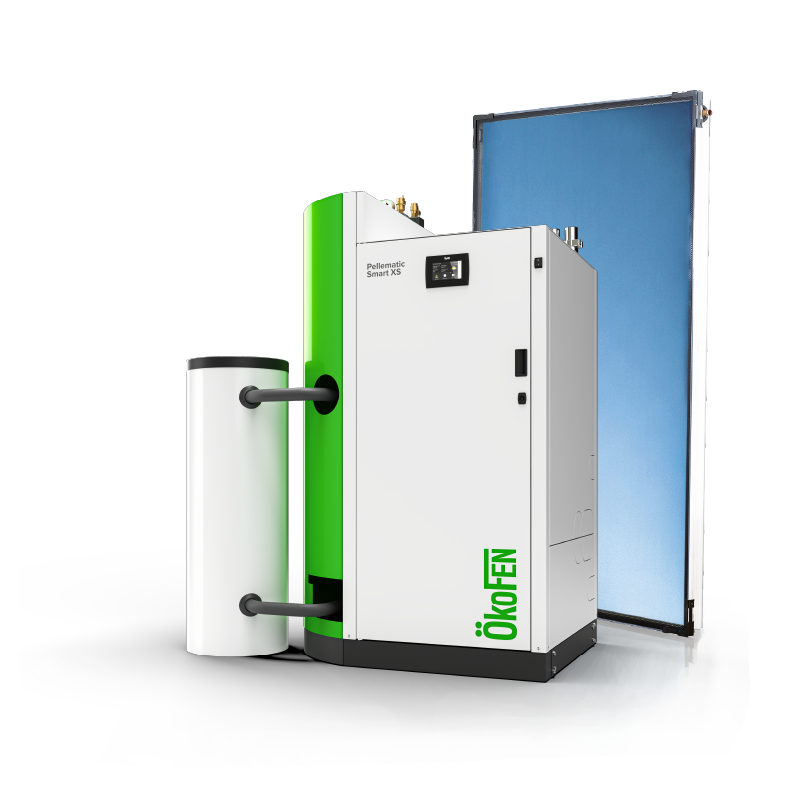 Chaudière Pellematic Smart XS blanche avec 4 capteurs solaires bleus