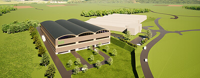 Der Firmensitz von ÖkoFEN in Niederkappel/OÖ<br>wird durch den Zubau (links im Bild) auf 28.000 m² erweitert.